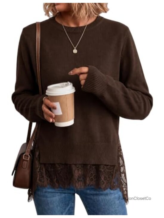Other - MINSURE Women Long Sleeve Knit Sweater Lace Spliced Hem Crew Neck Blouse